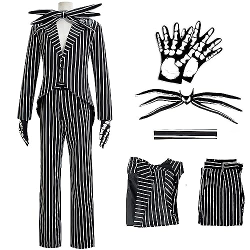 Jack Skelett Skellington Kostüm mit Fliege Maske Skelett Albtraum Anzug vor Weihnachten Halloween Cosplay für Erwachsene Männer Frauen (Mann, XXL) von Cafele