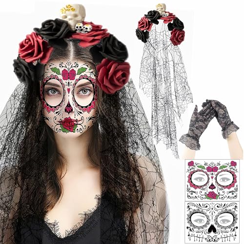 CaiJianYuLin Halloween Kostüm Damen Haarreif Schleier Halloween Haarreif Tag Der Toten Künstliche Blumen Spitzenhandschuhe Schwarz Halloween Gesicht Tattoos Dia De Los Muertos Kostüm CaiJianYuLin Halloween Kostüm Damen Haarreif Schleier Halloween Haarreif Tag Der Toten Künstliche Blumen Spitzenhandschuhe Schwarz Halloween Gesicht Tattoos Dia De Los Muertos Kostüm von CaiJianYuLin