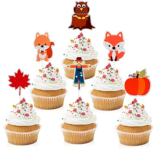 18 Stück Happy Thanksgiving Cupcake-Topper – Herbstfest Ernte Glitzer Fuchs Vogelscheuche Cupcake Supplies – Jungen Mädchen Geburtstag Party Dessert Picks Dekorationen von Caiwowo