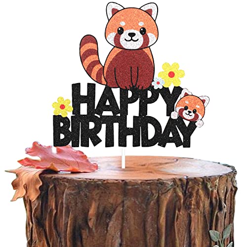 Cartoon Red Panda Happy Birthday Cake Topper - Baby Panda Party Wald Tiere Glitzer Cake Topper Supplies - Cartoon Red Panda Jungen Mädchen Geburtstag Party Dekoration von Caiwowo