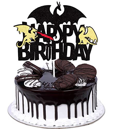 Dragon Happy Birthday Tortenaufsatz - Feuerdrache Geburtstag Schwarz Glitzer Kuchen Topper - Junge Geburtstag Drache Party Kuchen Dekoration von Caiwowo