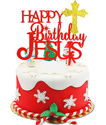 Happy Birthday Jesus Tortenaufsatz – Christliche Weihnachten Gold Glitzer Bethlehem Stern Kreuz Kuchen Supplies – Merry Christmas – Krippenszene Jesus Geburtstag Party Dekoration von Caiwowo