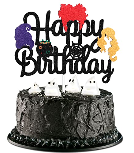 Hexe Halloween Happy Birthday Tortenaufsatz - Halloween Geburtstag Schwarz Glitzer Hocus Pocus Cake Topper für Mädchen - Kleine Hexe Geburtstag Kuchen Dekorationen von Caiwowo