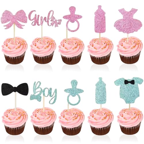 40 Stück Boy or Girl Gender Reveal Party Kuchen Torten Dekoration Gender Reveal Party Deko Blau Rosa Junge oder Mädchen Cupcake Toppers für Jungen Mädchen Baby Shower Geburtstag von Caldamn