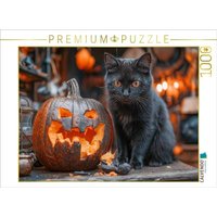 CALVENDO Puzzle Schwarze süße Katze und Halloween-Kürbis im Kerzenschein | 1000 Teile Lege-Größe 64x48cm Foto-Puzzle für glückliche Stunden von Calvendo Puzzle