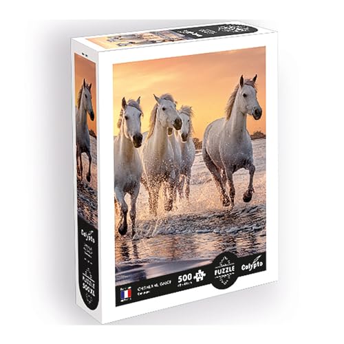 Calypto 3907353 Weiße, 500 Teile XL-Puzzle mit Soft-Touch, große Puzzleteile mit samtiger Oberfläche, für Erwachsene und Kinder ab 8 Jahren, Pferd, Sonnenuntergang, Strand von Calypto