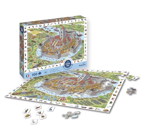 Calypto 3907506 Mittelalterburg, 100 Teile XL-Puzzle mit Soft-Touch, Kinderpuzzle mit samtiger Oberfläche inkl. Suchspiel und Puzzleposter, für Kinder ab 6 Jahren, Schloss, Ritterburg, Wimmelbild von Calypto