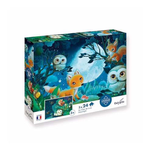 Calypto 3907706 Tiere bei Mondlicht, 2x24 Puzzle-Set mit Soft-Touch, Kinderpuzzle mit großen Teilen und samtiger Oberfläche inkl. Puzzleposter, für Kinder ab 3 Jahren, Nachauflage von Sentosphere