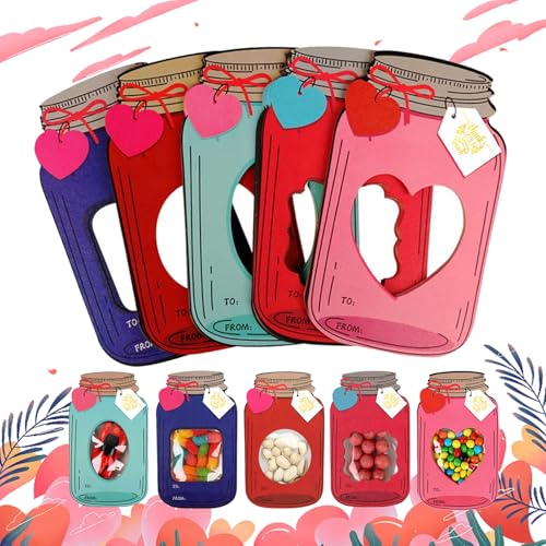 Mason Jar Happy Valentines Day Cards, 50 Pack Valentines Cards for Kids, Valentines Day Mason Jar Cards, Die-cut Mason Jar Shaped Cards with Goodie Bags for Kids (100 Pcs) von Camic