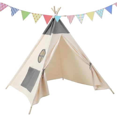 Camiraft Kinder Tipi Zelt,Beige+Grau klassisches indisches Spielzelt für Kinder,faltbares Spielhaus für drinnen oder draußen,Kinderzelte aus für Mädchen und Jungen mit Tragetasche,Polyester von Camiraft