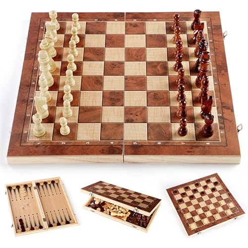 Camiraft Schachspiel aus Holz, 3 in 1 Schachbrett Schachspiel, Tragbares und Faltbares Chess Board Set, Faltbares Schach Brett Set für Kinder Erwachsene Party Reisen - 24x24cm von Camiraft