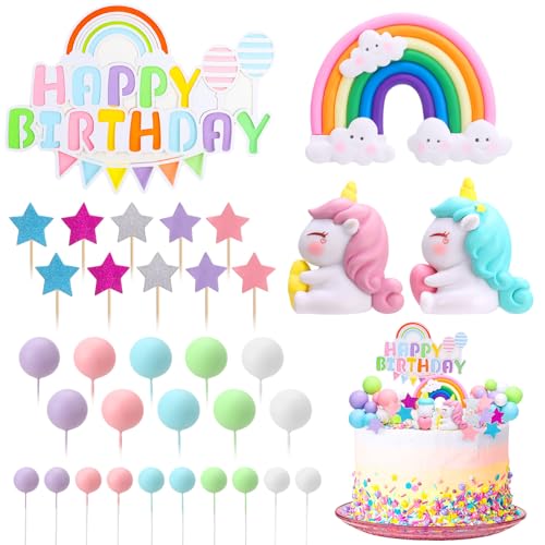 Camptrip 34 Stück Einhorn Tortendeko,3D Einhorn Kuchen Topper Regenbogen Wolke Sterne Happy Birthday Sterne Ball Kuchen Deko für Mädchen Junge von Camptrip