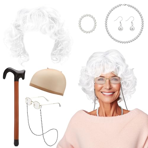 Camptrip 8 Stück Oma Kostüm Alte Frau Set Großmutter Cosplay Kostümzubehör mit Oma Perücke Perücke Kappe Spazierstock Brille Brillen Ketten Armband Perlenkette Ohrringe für Halloween Karneval von Camptrip