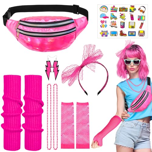 Camptrip 80er Jahre Outfit Damen, 90er Jahre Kostüm Kleidung Zubehör mit Gürteltasche, Haarband, Beinstulpen, Netzhandschuhe, Halsketten, Ohrringe, Tattoo Sticker für Karneval Neon Party Outfit von Camptrip