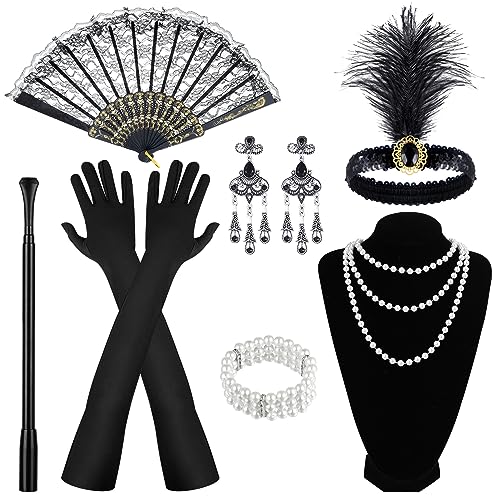 Camptrip 9 Stück 20er Jahre Kostüm Damen, 20er Jahre Accessoires, 1920er Accessoires Damen, Mafia Kostüm Damen Great Zubehör für Frauen, Karneval Kostüm Damen Accessoires von Camptrip