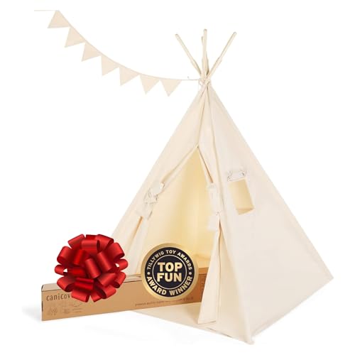 Kinder Tipi Zelt Segeltuch: Faltbares Indoor & Outdoor Zelt von Canicove Baumwolle|Naturfarben mit Massivholzpfosten & Flaggen für Jungen & Mädchen |Maschinenwaschbar (Nicht-gerade Weiss) von Canicove