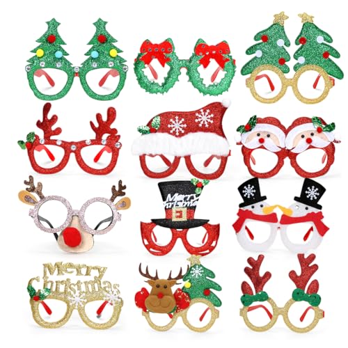 12 Stück Weihnachtsbrille，Kreative Weihnachtsbrille Set，Weihnachtsfeier Deko Brille，Weihnachtsbrillen Erwachsene und Kinder，Kopfschmuck Weihnachten für Christmas Party von Capaneus