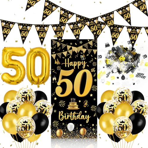 50 Geburtstag Deko Mann Frau, 50 Geburtstag Banner Schwarz Gold, Luftballons 50 Geburtstag Wimpel Girlande, Konfetti 50 Geburtstag, Tür Deko 50. Geburtstag Hintergrund für Männer Frauen Party Deko von Capaneus