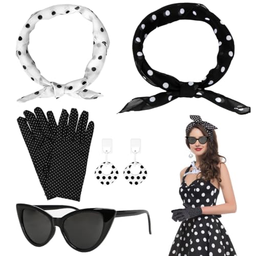 5TLG Rockabilly Accessoires Damen, 50er Jahre Damen Kleid Zubehör, 1950s Kostüm Set mit Schal, Sonnenbrille, Handschuhe, Retro Kostüm Damen, Fasching Accessoires für Karneval, Halloween, Cosplay von Capaneus