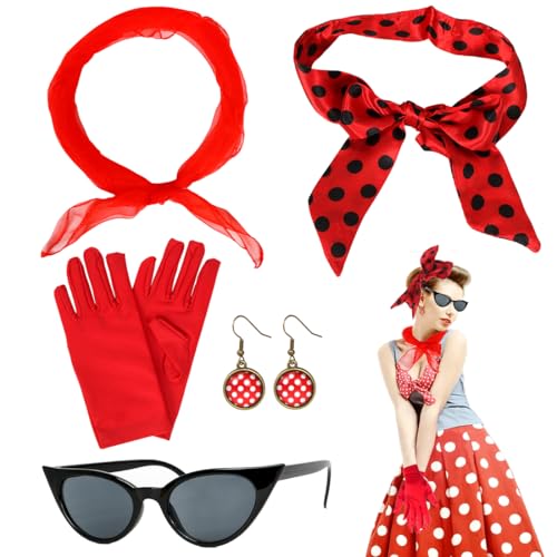 5TLG Rockabilly Accessoires Damen, 50er Jahre Damen Kleid Zubehör, 1950s Kostüm Set mit Schal, Sonnenbrille, Handschuhe, Retro Kostüm Damen, Fasching Accessoires für Karneval, Halloween, Cosplay von Capaneus