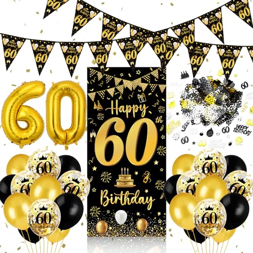 60 Geburtstag Deko Mann Frau, 60 Geburtstag Banner Schwarz Gold, Luftballons 60 Geburtstag Wimpel Girlande, Konfetti 60 Geburtstag, Tür Deko 60. Geburtstag Hintergrund für Männer Frauen Party Deko von Capaneus