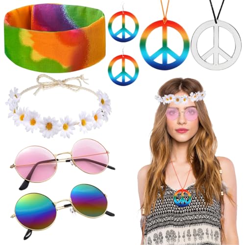 8 Stücke Hippie Kostüm Set, Hippie Accessoires für Damen und Herren, mit Peace Zeichen Halskette, Ohrringe, Sonnenbrille, Flower Power und Stirnband für 60er 70er Jahre Accessoires Party Verkleiden von Capaneus