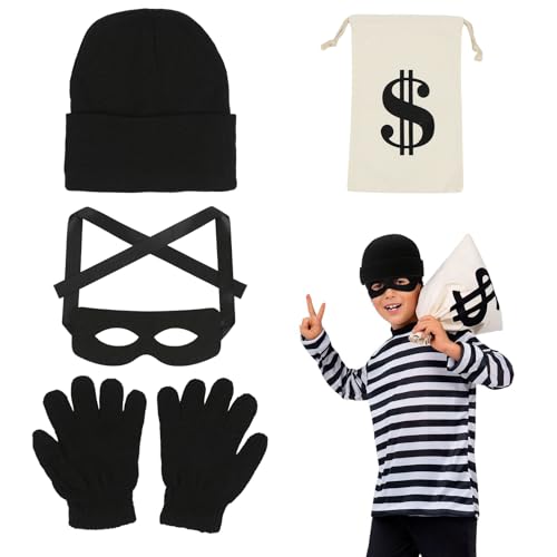 Bankräuber Kostüm, Räuber Kostüm Kinder, Dieb Kostüm Set con Bankräuber Maske, Geldsack mit Dollarzeichen, Strickmütze, Handschuhe, Verbrecher Kostüm für Karneval, Halloween, Einbruch Mottoparty von Capaneus