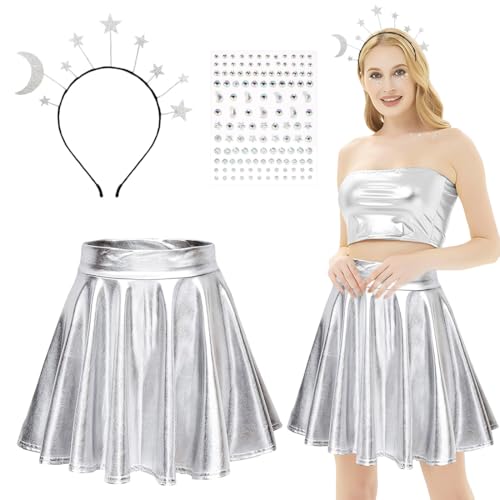 Stern Kostüm, Metallischer Faltenrock Glitzer Rock Silber, Haarreif Sterne Mond, Glitzersteine Gesicht Silber, Alien Kostüm Space Weltraum für Damen Karneval Halloween Mottoparty Cosplay Kostüm von Capaneus