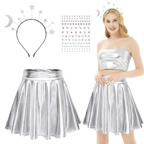 Stern Kostüm, Metallischer Faltenrock Glitzer Rock Silber, Haarreif Sterne Mond, Glitzersteine Gesicht Silber, Alien Kostüm Space Weltraum für Damen Karneval Halloween Mottoparty Cosplay Kostüm von Capaneus