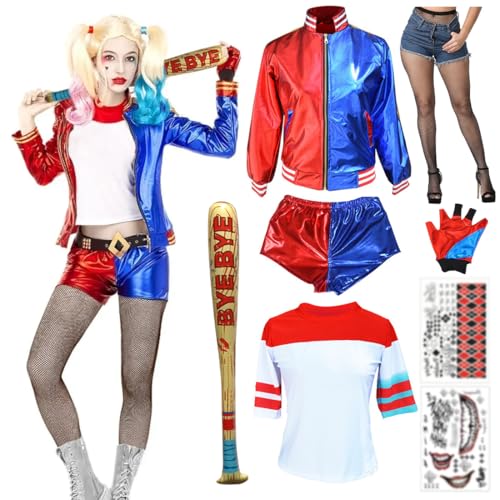 Capaneus Faschingskostüme Damen, Cosplay Kostüm Blau Rot mit Jacke, T-Shirt, Shorts, Handschuh, Tattoos, Netzstrümpfe Accessories für Damen Erwachsene Karneval Halloween Cosplay Party von Capaneus