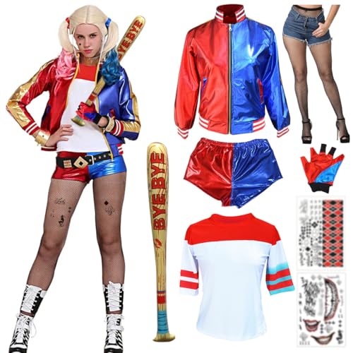 Capaneus Faschingskostüme Damen, Cosplay Kostüm Blau Rot mit Jacke, T-Shirt, Shorts, Handschuh, Tattoos, Netzstrümpfe Accessories für Damen Erwachsene Karneval Halloween Cosplay Party von Capaneus