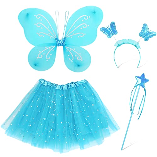 Capaneus Feen Kostüm Kinder Mädchen, Blau Schmetterlingsflügel, Feen Prinzessin Tutu Tüllrock, Feenflügel Kostüm Set mit Zauberstab, Haarreif für Mädchen Fasching, Karneval, Halloween Dress Up von Capaneus