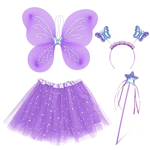 Capaneus Feen Kostüm Kinder Mädchen, Lila Schmetterlingsflügel, Feen Prinzessin Tutu Tüllrock, Feenflügel Kostüm Set mit Zauberstab, Haarreif für Mädchen Fasching, Karneval, Halloween Dress Up von Capaneus