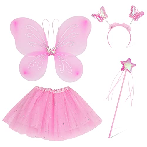 Capaneus Feen Kostüm Kinder Mädchen, Rosa Schmetterlingsflügel, Feen Prinzessin Tutu Tüllrock, Feenflügel Kostüm Set mit Zauberstab, Haarreif für Mädchen Fasching, Karneval, Halloween Dress Up von Capaneus