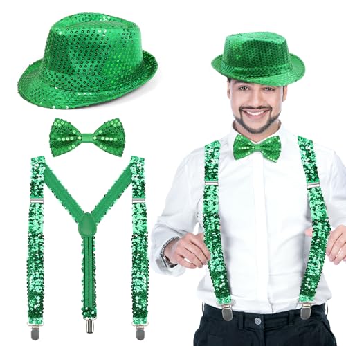 Glitzer Outfit Herren, Glitzer Kostüm, Silvester Herren Outfit, Pailletten Kostüm mit Glitzer Fliege, Glitzer Hut, Glitzer Hosenträger, Glitzer Accessoires Männer für Karneval, Halloween, Mottoparty von Capaneus