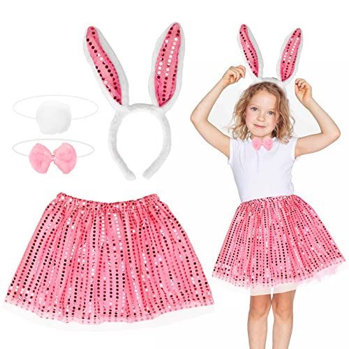 Capaneus Hasenkostüm Kinder Mädchen,Hasenohren Faschingskostüm Set mit Tüllrock Rosa Pailletten,Hasenohren Haarreif,Fliege,Kaninchen Kostüme Kinder für Ostern Fasching Karneval Mottoparty Zubehör von Capaneus