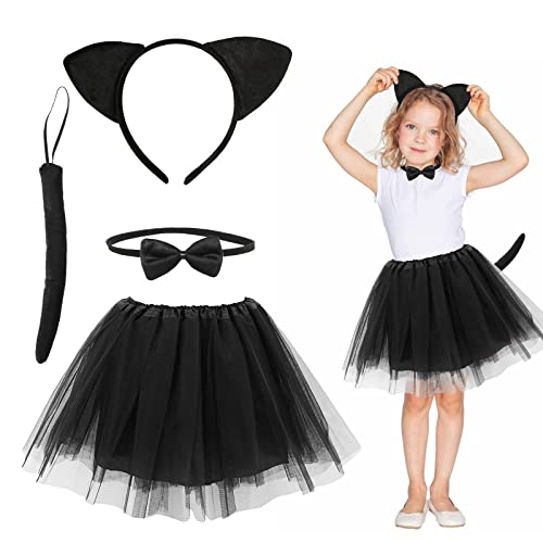 Katzenkostüm Kinder Mädchen,Katzenohren Kostüme für kinder,Tüllrock Schwarz Set mit Ohren Stirnband Fliege katzenschwanz Zubehör,Faschingskostüm katze für Fasching Karneval Halloween Party Cosplay von Capaneus