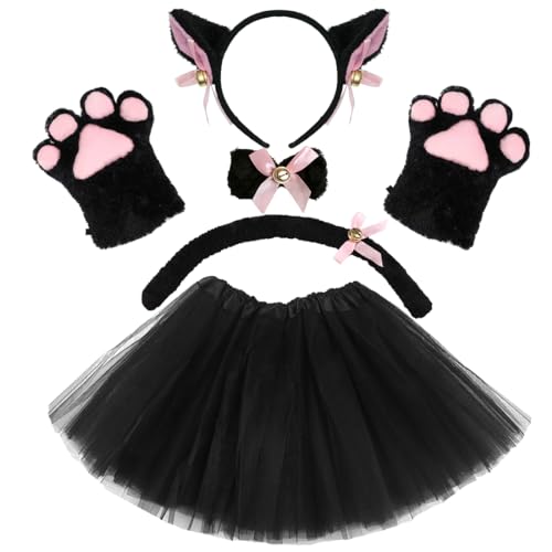 Capaneus Katzenkostüm Kinder Mädchen, Katzenohren Haarreif mit Tutu Rock Schwarz, Katzenschwanz, Katzenpfoten Handschuhe e Fliege, Kostüm Katze für Kinder Fasching Karneval Halloween Cosplay Party von Capaneus