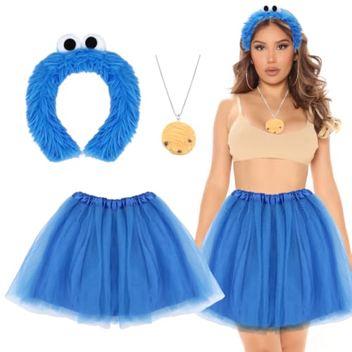 Capaneus Krümelmonster Kostüm Damen, Tüllrock Blau Krümelmonster Haarreif, Cookie Halskette, Krümelmonster Kostüm Accessoires für Damen Karneval, Fasching Halloween Motto Party Cosplay Kostüm von Capaneus