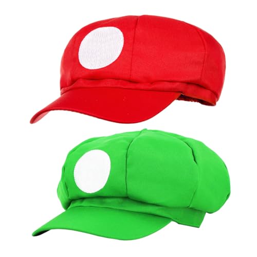 Super Klempner Mütze Set, 2 Rot Grüne Kappe Cappy Cap Hut Kindheitshelden Klassische Cosplay MützeKarneval Fasching Party Verkleidung Kostüm Mützen von Capaneus