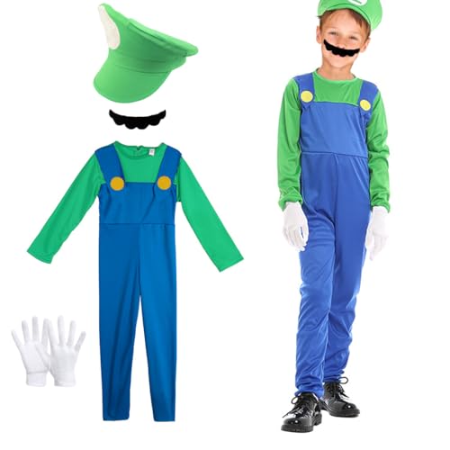 Capaneus Kostüm Super Brothers Klempner, Super Klempner Kostüm für kinder, Super Bros Cosplay Outfit mit Grün Mütze, Handschuhen und Schnurrbart für Karneval Halloween Jungen Mädchen Faschingskostüme von Capaneus