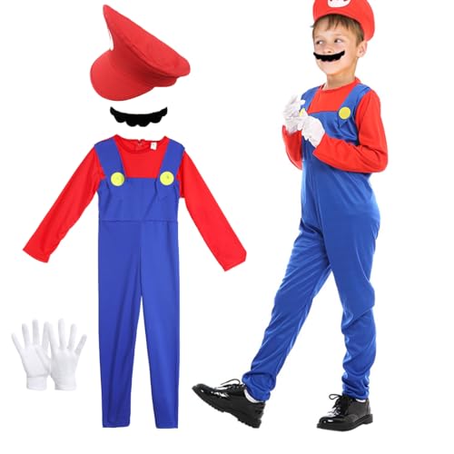 Capaneus Kostüm Super Brothers Klempner, Super Klempner Kostüm für kinder, Super Bros Cosplay Outfit mit Rot Mütze, Handschuhen und Schnurrbart für Karneval Halloween Jungen Mädchen Faschingskostüme von Capaneus