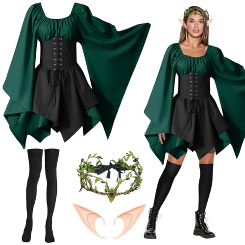 Capaneus Mittelalter Kostüm Damen, Elfen Kostüm Damen, Mittelalter Kleid Gothic, Waldfee Kostüm mit Elfenohren, Haarschmuck, Overknee Socken, Kleid Renaissance für Damen Karneval Halloween Cosplay von Capaneus