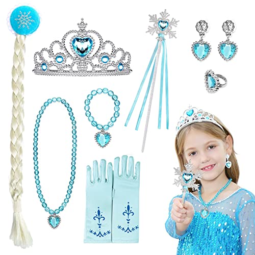 Capaneus Prinzessin Kostüme Set 10 Stück, Mädchen Dress up Set, Krone Zauberstab Haarreif mit Zopf Ring Ohrringe Halskette Armbänder Handschuhe Schmuck-Set für Kinder von Capaneus