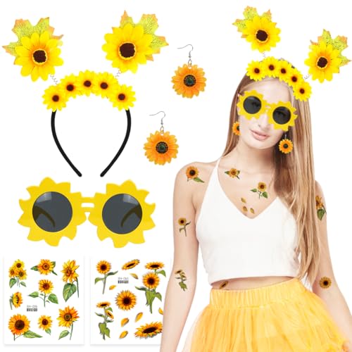 Capaneus 6 PCS Sonnenblumen Kostüm,Sonnenblumen Deko,Sonnenblumen Haarreif,Ohrringe,Sonnenbrille,Sonnenblume Tattoos,Kostüm Sonnenblume für Karneval Halloween Fasching von Capaneus