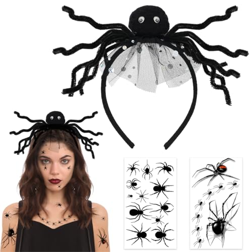 Spinnen Haarreif Halloween, Halloween Haarschmuck Spinne Kinder Damen, Halloween Kopfschmuck Spinne mit Tattoos, Accessoire Haarreif Spinne Kostüm für Kinder Damen Halloween Fasching Karneval von Capaneus