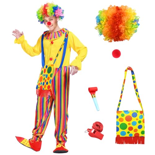 Clown Kostüm Erwachsene, Clown Zubehör Set mit Clownkostüm, Clown Perücke, Clown Nase, Clowntasche, Trillerpfeife Partytröten, Clown Kostüm für Herren Fasching Karneval Halloween Cosplay von Capaneus