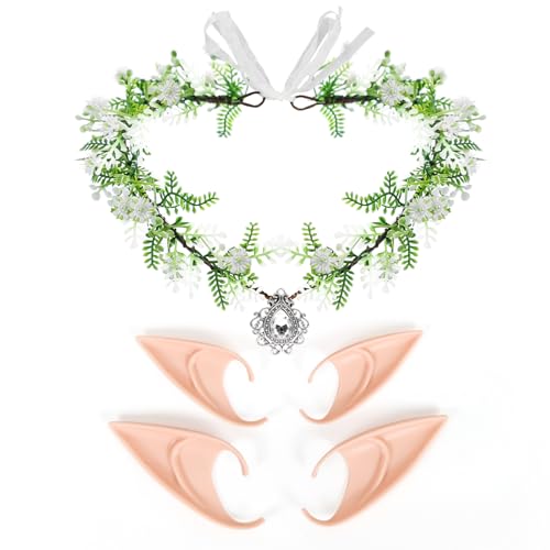 Elfen Kopfschmuck mit 2 Paar Elfenohren, Waldfee Haarreif, Elfenkrone Schmuck, Feen Krone, Feenblätter Krone Stirnband, Haarschmuck Waldfee, Tiara Elfe für Hochzeit Karneval Halloween Cosplay von Capaneus