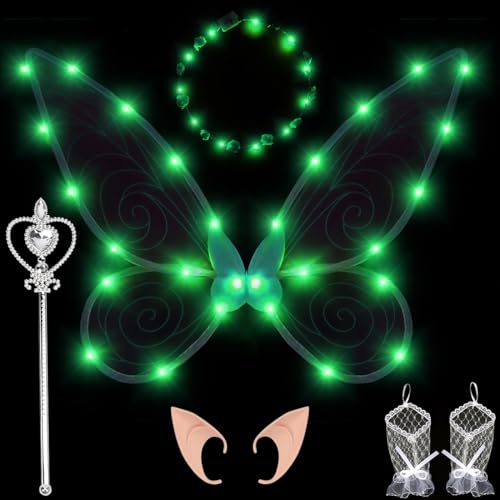 Feenflügel Kinder Erwachsene Feenflügel Leuchtend, Feenflügel Damen Fee Kostüm mit LED Fee Stirnband und Fee Zauberstab, Elfenflügel Schmetterlingsflügel Fairy Wings für Karneval Cosplay Kostüm (Grün) von Capaneus