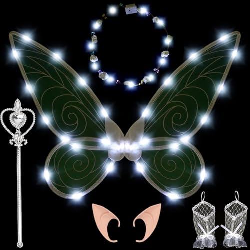 Feenflügel Kinder Erwachsene Feenflügel Leuchtend, Feenflügel Damen Fee Kostüm mit LED Fee Stirnband und Fee Zauberstab, Elfenflügel Schmetterlingsflügel Fairy Wings für Karneval Cosplay Kostüm (Weiß) von Capaneus